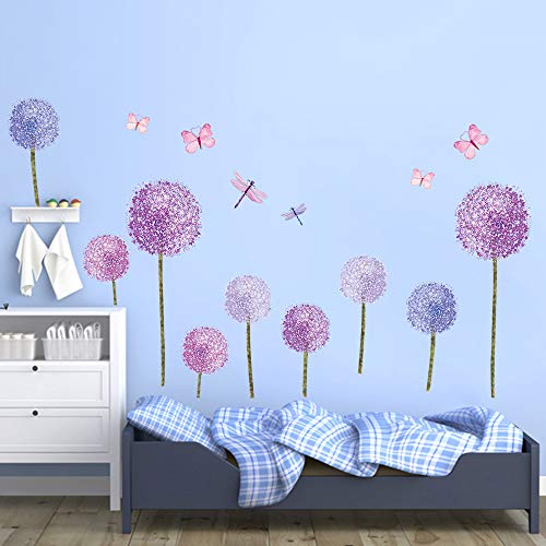 ufengke Pegatinas de Pared Diente de León Morado Vinilos Adhesivos Pared Mariposas Flores Decorativos para Dormitorio Habitación Infantiles Niñas