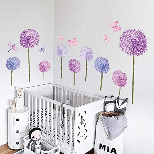 ufengke Pegatinas de Pared Diente de León Morado Vinilos Adhesivos Pared Mariposas Flores Decorativos para Dormitorio Habitación Infantiles Niñas