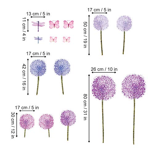 ufengke Pegatinas de Pared Diente de León Morado Vinilos Adhesivos Pared Mariposas Flores Decorativos para Dormitorio Habitación Infantiles Niñas