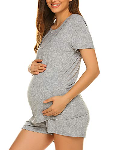 Unibelle Pijama de lactancia con camiseta de manga corta y pantalón de maternidad, verano, corto., A_gris, M