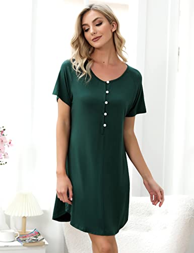 Uniexcosm Camison Embarazada, Camisón Maternidad Lactancia Algodon Camison Premamá Corta Camisón Lactancia Mangas Raglán con Botones Camisón con Cuello en V para Hospital Hogar Verde Oscuro L