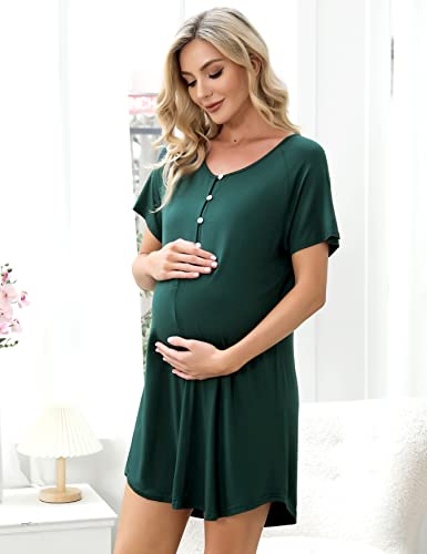 Uniexcosm Camison Embarazada, Camisón Maternidad Lactancia Algodon Camison Premamá Corta Camisón Lactancia Mangas Raglán con Botones Camisón con Cuello en V para Hospital Hogar Verde Oscuro L