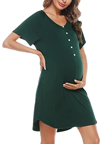 Uniexcosm Camison Embarazada, Camisón Maternidad Lactancia Algodon Camison Premamá Corta Camisón Lactancia Mangas Raglán con Botones Camisón con Cuello en V para Hospital Hogar Verde Oscuro L