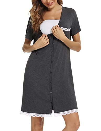 Uniexcosm Camisón Maternidad Lactancia, Camisones Embarazadas Algodon Manga Corta Camison Corto Encaje con Cuello en V Camisón Premamá Ropa para Dormir para Hogar Rayas Azul Oscuro XXL