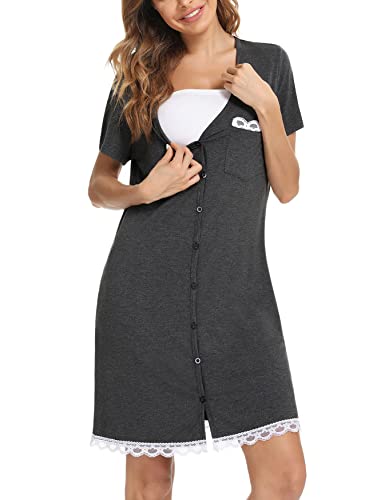 Uniexcosm Camisón Maternidad Lactancia, Camisones Embarazadas Algodon Manga Corta Camison Corto Encaje con Cuello en V Camisón Premamá Ropa para Dormir para Hogar Rayas Azul Oscuro XXL