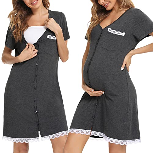 Uniexcosm Camisón Maternidad Lactancia, Camisones Embarazadas Algodon Manga Corta Camison Corto Encaje con Cuello en V Camisón Premamá Ropa para Dormir para Hogar Rayas Azul Oscuro XXL