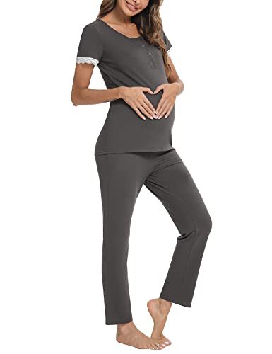 Uniexcosm Pijamas Maternidad Lactancia, Ropa Maternidad de Manga Corta de Encaje Pijamas Embarazadas Algodón Hospital Pijamas Premamá con Botón de Pertura Frontal para Casual Gris Oscuro XXL