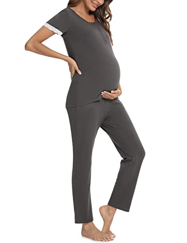 Uniexcosm Pijamas Maternidad Lactancia, Ropa Maternidad de Manga Corta de Encaje Pijamas Embarazadas Algodón Hospital Pijamas Premamá con Botón de Pertura Frontal para Casual Gris Oscuro XXL