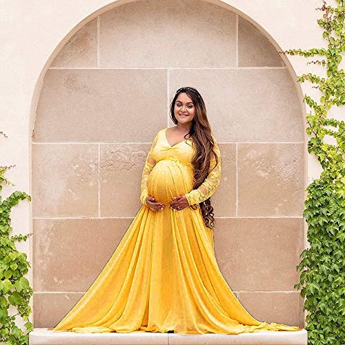 Vestido De Embarazo De Las Mujeres Vestido De Sesión De Fotos Embarazada con Volantes Fuera del Hombro Vestido De Maternidad Fiesta De Las Mujeres Vestido De Baby Shower Traje De Fotografía-Amarillo