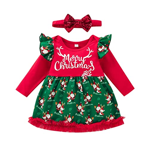 Vestidos para niña de Navidad con estampado de patchwork, vestido de princesa, manga larga, cuello redondo, disfraces de Navidad, Red-b, 0-6 Meses