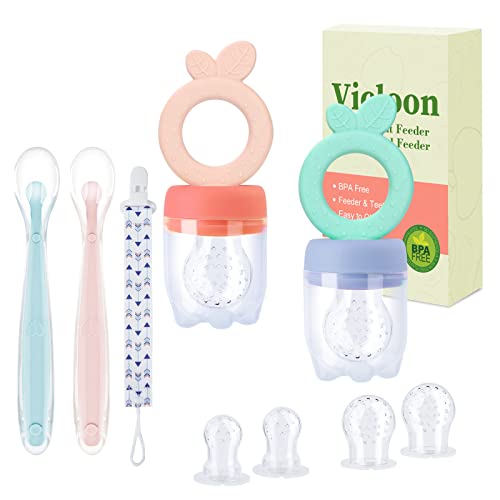 Vicloon Chupetes Fruta Bebe+6 Tetinas Silicona de Repuesto，2 Piezas Alimentador Antiahogo Bebe y 2 cucharas blandas de silicona Mordedores Bebes de Sin BPA,Contiene Correa para Chupete(Hoja)