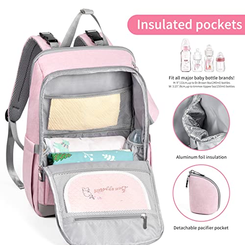 Viedouce Mochilas de Pañales para Bebé,Gran Capacidad Mochila de Cambio Bolsa para Pañales con Cambiador,Porta Chupones para Mamá y Papá (Rosa)