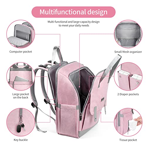 Viedouce Mochilas de Pañales para Bebé,Gran Capacidad Mochila de Cambio Bolsa para Pañales con Cambiador,Porta Chupones para Mamá y Papá (Rosa)