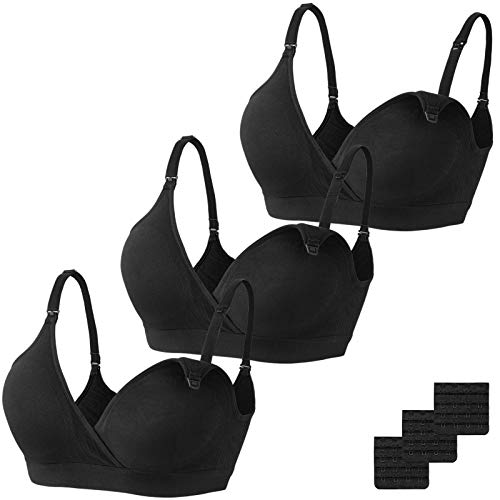 Vinfact Sujetador Lactancia De 3 Piezas para Mujer, Sujetador Premama Sin Aros Comodos, Sujetadores para Dormir Sin Costuras, DiseñO Sexy con Cuello En V, Contiene Extensor-L,Negro