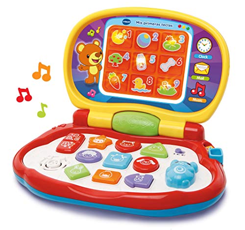 VTech -Mis primeras Teclas Ordenador Infantil con Tres Modos de Juegos Que enseña Animales, Colores, Formas y Notas Musicales + Volante Loco, Juguete para bebés +12 Meses, 3 Modos de Juego