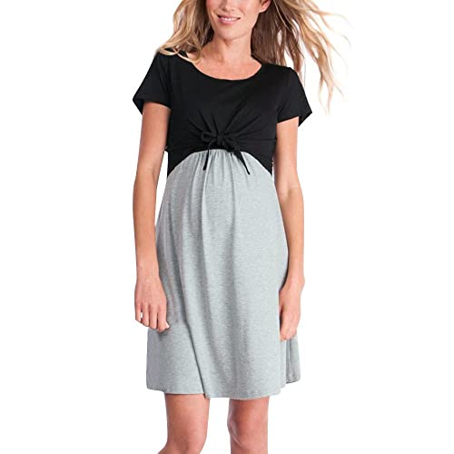 Vuncio Vestido de maternidad, vendaje de manga corta para maternidad, madres, embarazadas, sesiones de fotos, vestido de maternidad, con cordones, pijama, tallas grandes, gris, S