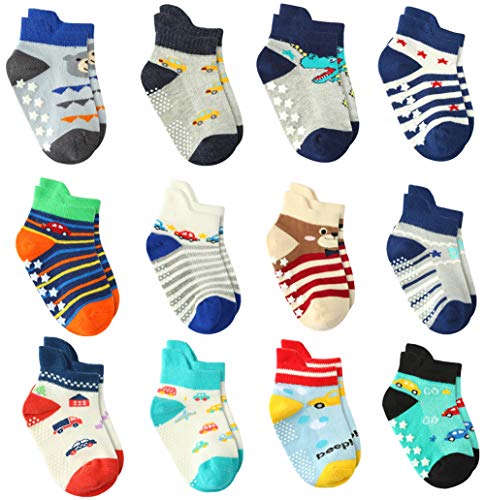 Wobon 12 Pares de Calcetines Antideslizantes de ABS Bebé Chicos con Asas, Calcetines Antideslizantes para Niños Pequeños (12 pares A, 12-36 meses)