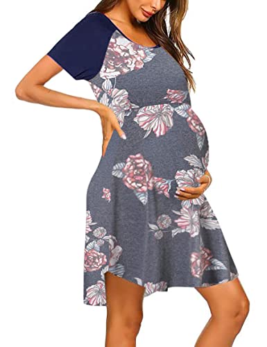 WXDSNH Vestido Estampado Manga Corta Cuello Redondo Enfermería Maternidad Mujer Fiesta Elegante Damas Floral Casual Verano