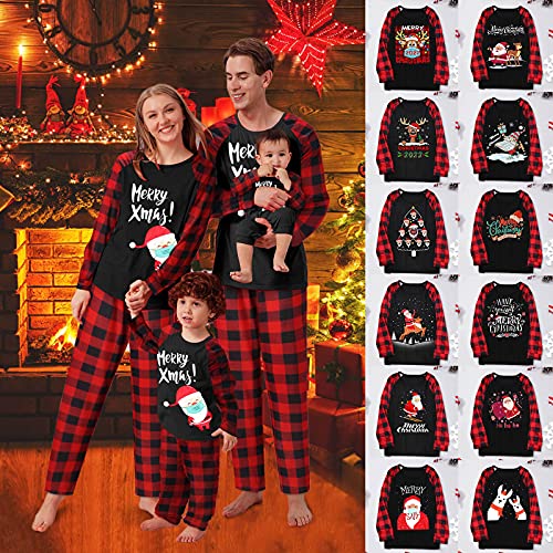 Xmansky Conjunto de Pijamas Navideños Familiares Esquema de Colores Navideños Clásico con Papá Noel, Muñeco de Nieve Del Árbol de Navidad y Otros Estampados, 2 Piezas Pijamas Navidad Cómodos y Cálidos