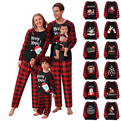 Xmansky Conjunto de Pijamas Navideños Familiares Esquema de Colores Navideños Clásico con Papá Noel, Muñeco de Nieve Del Árbol de Navidad y Otros Estampados, 2 Piezas Pijamas Navidad Cómodos y Cálidos