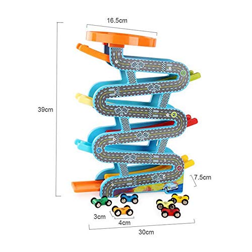 Xyanzi Juguetes para Bebés Juguete De La Rampa del Coche, Pista De La Carrera De Madera Rampa De Madera Colorida De La Pista De La Carrera con 1 Garaje del Coche Y 4/6 Juguete De Playset del Vehículo