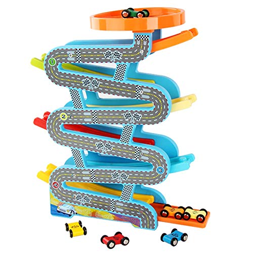 Xyanzi Juguetes para Bebés Juguete De La Rampa del Coche, Pista De La Carrera De Madera Rampa De Madera Colorida De La Pista De La Carrera con 1 Garaje del Coche Y 4/6 Juguete De Playset del Vehículo