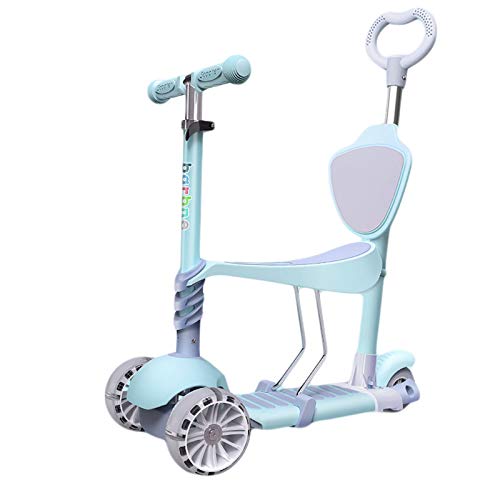 XYW Patear Scooters- Patinete 3 En 1 con Asiento para Niños Ruedas Intermitentes De PU Y Altura Ajustable Y con Plataforma Extra Ancha Y Freno De Rueda Trasera Ligera Plegable (Color : Blue)