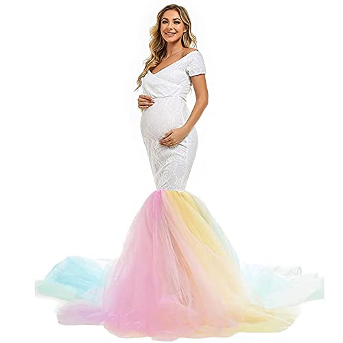 Yajun Vestidos de Fotografía de Maternidad de Arco Iris Poliéster con Hombros Descubiertos Ropa de Embarazo con Cola de Sirena para Sesión de Fotos Largo Premamá Faldas