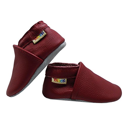 YALION Zapatillas de piel flexible, para bebé, con mocasines, suela de ante para niño, niña, niña, elásticas, bordadas al tobillo, rojo, 24/25 EU