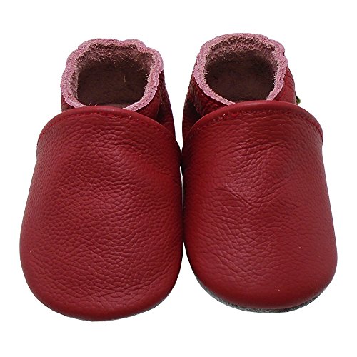 YALION Zapatillas de piel flexible, para bebé, con mocasines, suela de ante para niño, niña, niña, elásticas, bordadas al tobillo, rojo, 24/25 EU