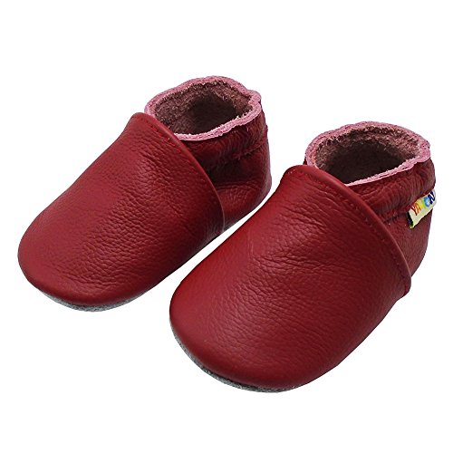 YALION Zapatillas de piel flexible, para bebé, con mocasines, suela de ante para niño, niña, niña, elásticas, bordadas al tobillo, rojo, 24/25 EU