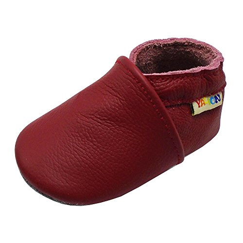 YALION Zapatillas de piel flexible, para bebé, con mocasines, suela de ante para niño, niña, niña, elásticas, bordadas al tobillo, rojo, 24/25 EU