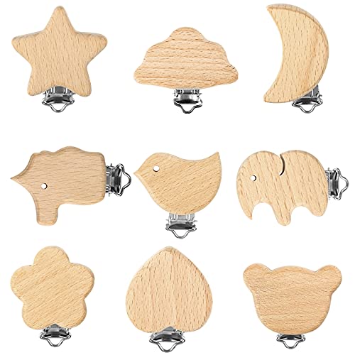 Yangfei 9pcs Clip Chupete Bebe, Clips de Cadenas para Chupetes Pinzas Chupete, Clip Chupetero Madera Chupetero Personalizado para Bebe (9 estilos)