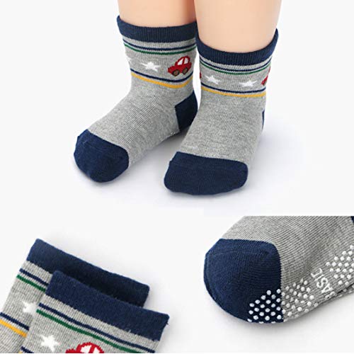 YANWANG 12 Pares de Calcetines de Algodón Antideslizantes Con Agarre para Bebés y Niños Pequeños(1-3 años,1#Coche)