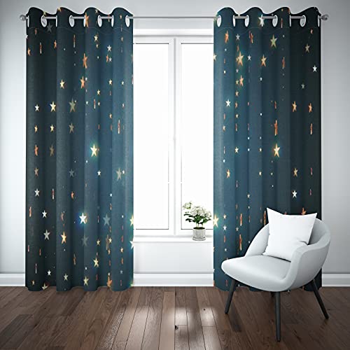 YongFoto 132x214cm Estrellas Cortinas Opacas Estrella Dorada Twinkle Azul Oscuro Habitación Infantil Paneles de Cortina por Conjunto casa Cuarto Cubrir, 2 Paneles con Ojete Agujeros