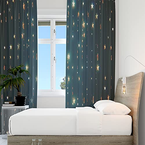 YongFoto 132x214cm Estrellas Cortinas Opacas Estrella Dorada Twinkle Azul Oscuro Habitación Infantil Paneles de Cortina por Conjunto casa Cuarto Cubrir, 2 Paneles con Ojete Agujeros