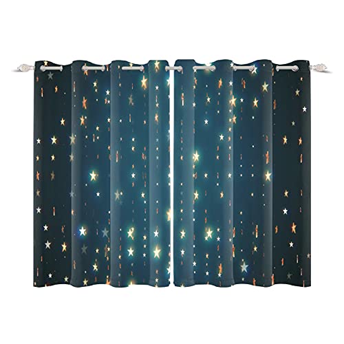 YongFoto 132x214cm Estrellas Cortinas Opacas Estrella Dorada Twinkle Azul Oscuro Habitación Infantil Paneles de Cortina por Conjunto casa Cuarto Cubrir, 2 Paneles con Ojete Agujeros