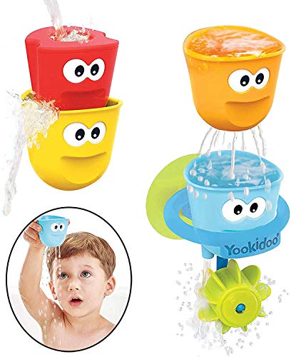 Yookidoo - Juego de 4 Tazas apilables con Ventosa y Rueda de Agua, Varios Efectos de Agua, para Que el baño Sea Divertido, se Fija a Cualquier bañera