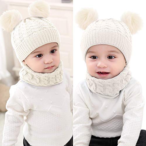 Yutdeng Sombrero y Bufanda de Punto Bebé Invierno cálido Punto Beanie Gorra con Pompon Recién Nacido Gorras y Bufanda Cuello Redondo 6 Piezas para Niños Niñas Fiestas Viajes(Blanco,Talla única)