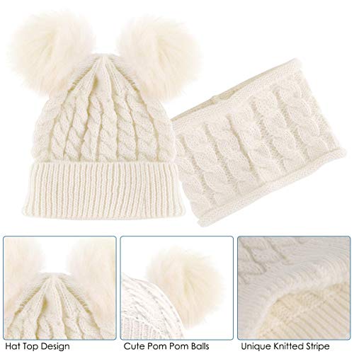 Yutdeng Sombrero y Bufanda de Punto Bebé Invierno cálido Punto Beanie Gorra con Pompon Recién Nacido Gorras y Bufanda Cuello Redondo 6 Piezas para Niños Niñas Fiestas Viajes(Blanco,Talla única)