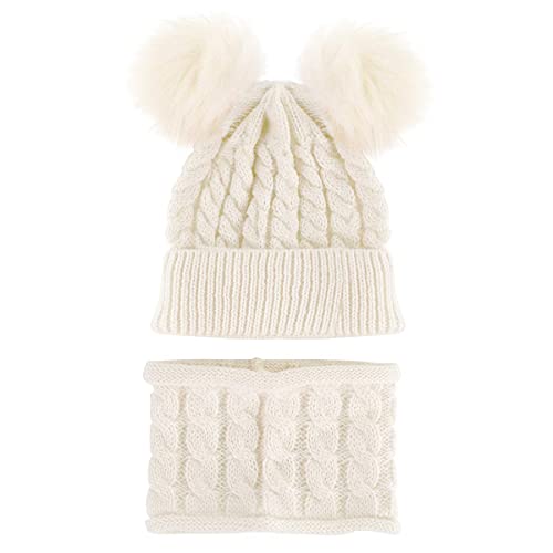 Yutdeng Sombrero y Bufanda de Punto Bebé Invierno cálido Punto Beanie Gorra con Pompon Recién Nacido Gorras y Bufanda Cuello Redondo 6 Piezas para Niños Niñas Fiestas Viajes(Blanco,Talla única)