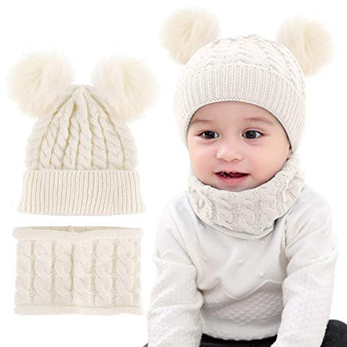 Yutdeng Sombrero y Bufanda de Punto Bebé Invierno cálido Punto Beanie Gorra con Pompon Recién Nacido Gorras y Bufanda Cuello Redondo 6 Piezas para Niños Niñas Fiestas Viajes(Blanco,Talla única)