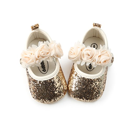 Zapatos Lentejuelas de Flores de Bebé Niña con Diadema Regalo Set Pare Bautizo Bowknot Zapatillas Antideslizantes Zapatos de Princesa (0-6 Meses, Oro, Tamaño de Etiqueta 11)