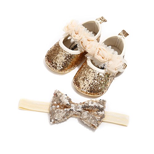 Zapatos Lentejuelas de Flores de Bebé Niña con Diadema Regalo Set Pare Bautizo Bowknot Zapatillas Antideslizantes Zapatos de Princesa (0-6 Meses, Oro, Tamaño de Etiqueta 11)