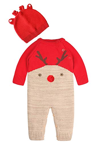 ZOEREA Bebé Niñas Niños Mameluco Navidad Mono Algodón Conjunto de Ropa con Gorra Manga Larga de Ciervo Hecho Punto Cálido Suéter Onesie Rojo(con Gorra) Etiqueta 80