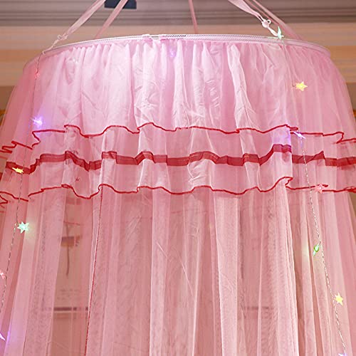 ZRE Cúpula de mosquitera, Cama de Princesa, Dosel, Cortina de Red, Encaje Redondo con Luces de Cadena de Estrellas para decoración, Uso en el hogar y Viajes, Carpa para Mosquitos, Rosa