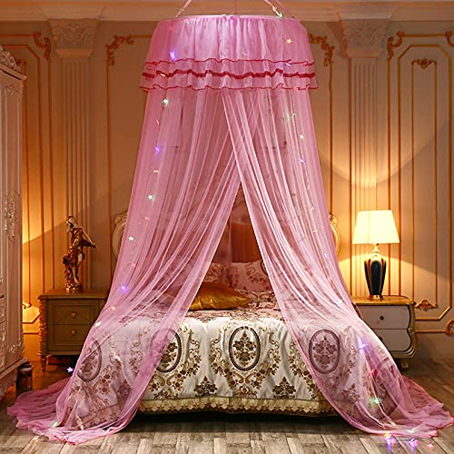 ZRE Cúpula de mosquitera, Cama de Princesa, Dosel, Cortina de Red, Encaje Redondo con Luces de Cadena de Estrellas para decoración, Uso en el hogar y Viajes, Carpa para Mosquitos, Rosa