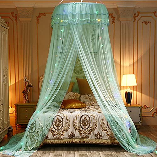 ZRE Cúpula de mosquitera, Cama de Princesa, Dosel, Cortina de Red, Encaje Redondo con Luces de Cadena de Estrellas para decoración, Uso en el hogar y Viajes, Carpa para Mosquitos, Verde