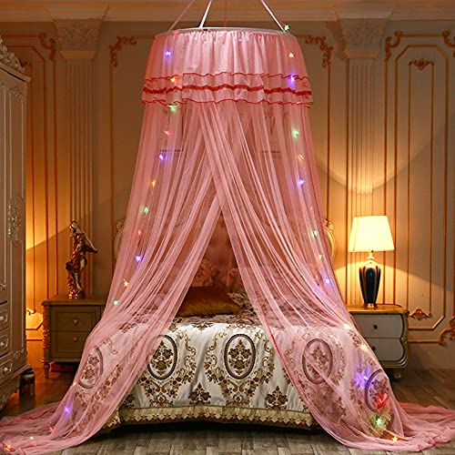 ZRE Cúpula de mosquitera, Cama de Princesa, Dosel, Cortina de Red, Encaje Redondo con Luces de Cadena de Estrellas para decoración, Uso en el hogar y Viajes, Carpa para Mosquitos, Rojo