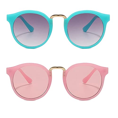 2 Pares Gafas de Sol Niños, Gafas de Niños de Sol con Almohadilla de Metal para Nariz, Gafas Sol Niño Azul, Rosa, Gafas Protección UV400 Redondas, Lentes de Sol para Bebe, Viajes Esquí Compras Playa